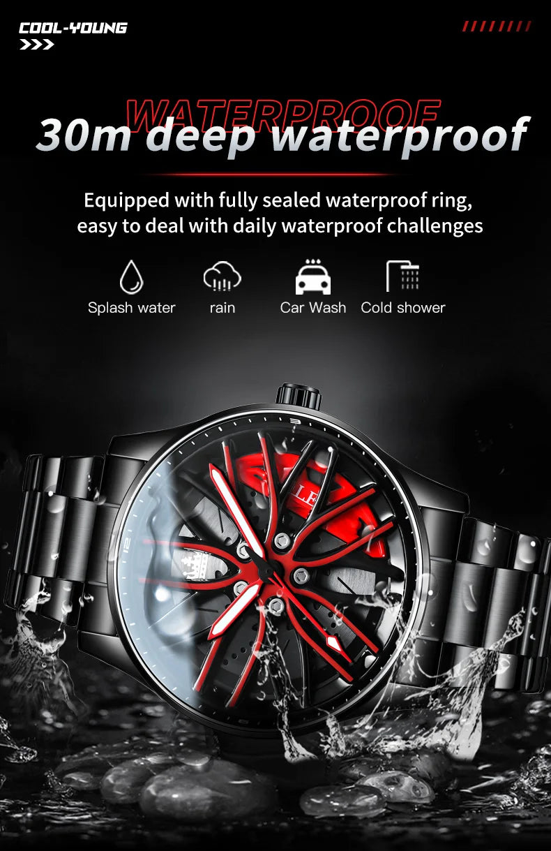 OLEVS Men Quartz Watch Car Wheel Rim Hub Dial Male Wristwatch Cool Man Black Red Waterproof Watches Full Steel Relogio Masculino