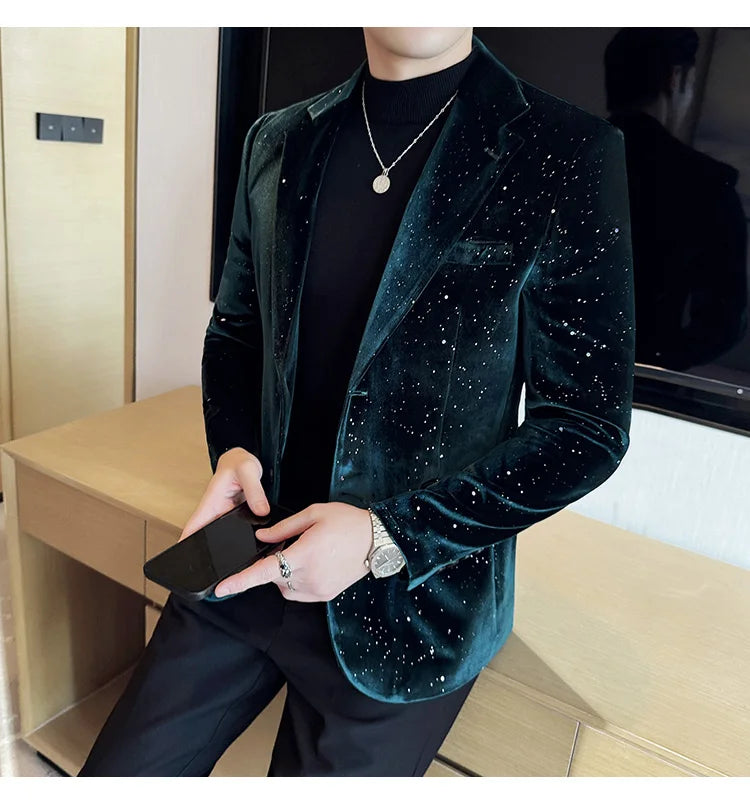 2024 Autumn New Velvet Jacket Men's Blazer Business Fashion Hot Stamping Printed Suit Jacket High-quality Luxury Dress Suit