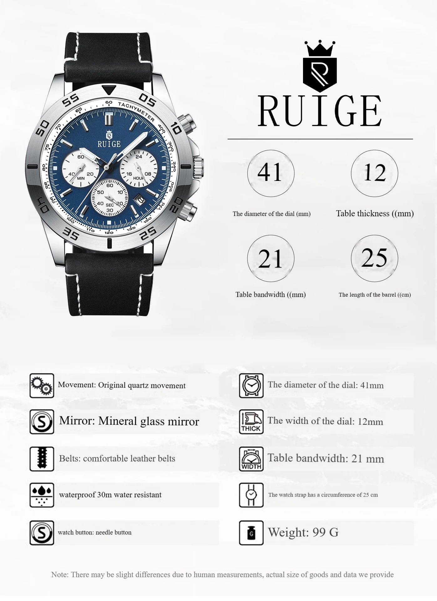 RUIGE Men's Watch Fashionable Men's Multi functional Watch Waterproof Glow Leather Strap Wrist Watch
