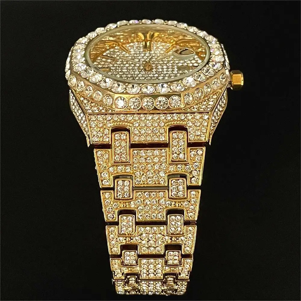 2024 New Hip Hop Mens Quartz Watch Brand MISSFOX Luxury Automatic Date Iced Out Clocks Man Fashion Green Full Diamond Wristwatch