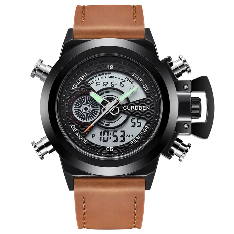Men Original CURDDEN Brand Dual Time Watches Fashion Leather Band Chronograph Military Multi-function Sports Watch Reloj Hombre