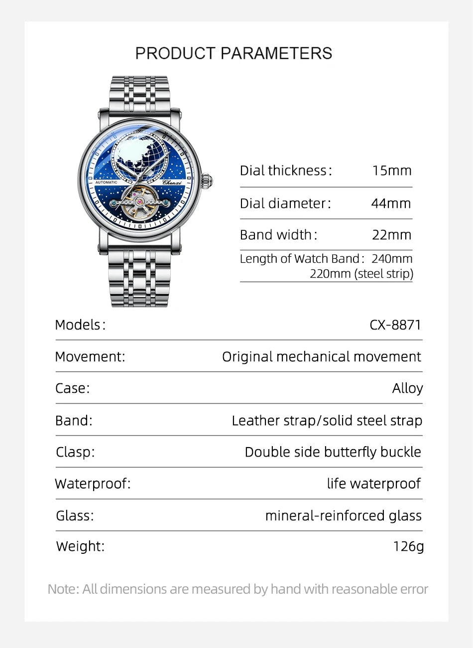 CHENXI Tourbillon Mens Watch Automatic Mechanical 8871 Classic Map Dial Waterproof Luminous Leather Watches for Men Reloj Hombre