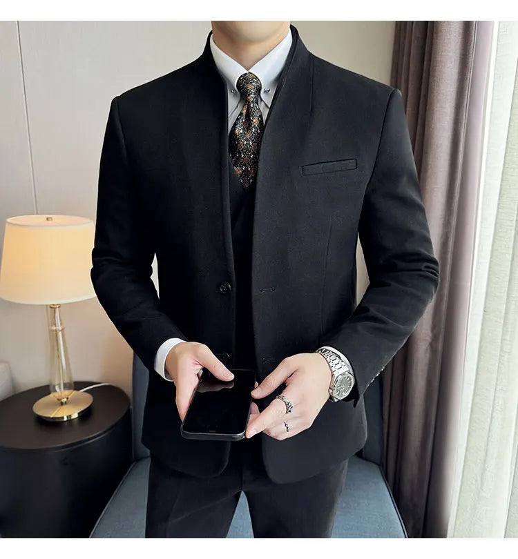 Korean Style Men's Suit Set Slim Fit Business Suit Wool Blazer Three Piece Set Elegant Social Formal Men's Clothing 5XL-M