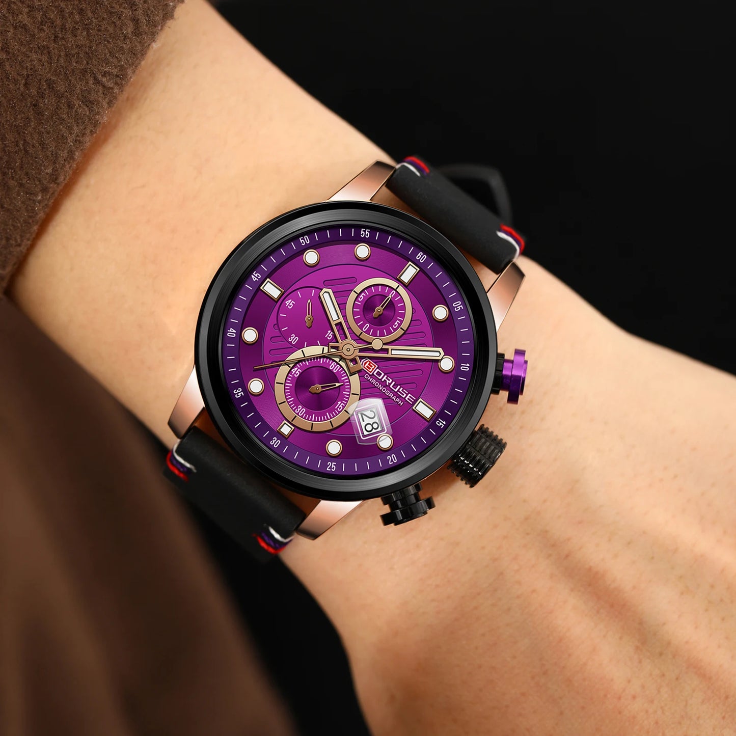 BORUSE New Fashion Mens Watches Top Brand Luxury Military Quartz Watch Man Premium Leather Waterproof Sport Chronograph Watch