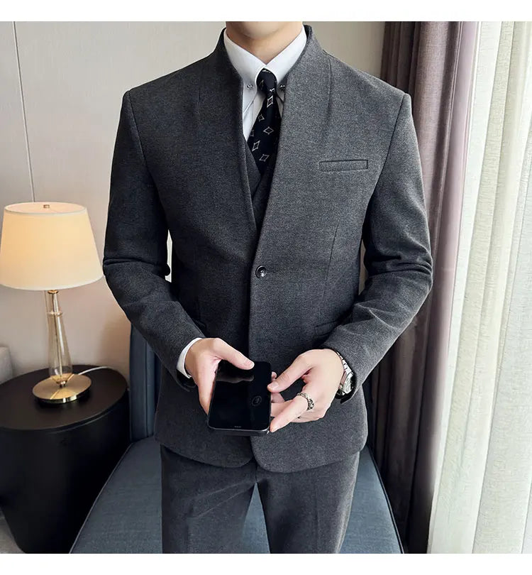 Korean Style Men's Suit Set Slim Fit Business Suit Wool Blazer Three Piece Set Elegant Social Formal Men's Clothing 5XL-M