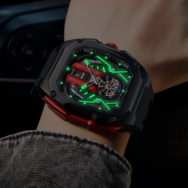 Engine Surface Design Quartz Watch for Men Original Top Brand Rubber strap Waterproof Luminous Date Men's Quartz Watch reloj