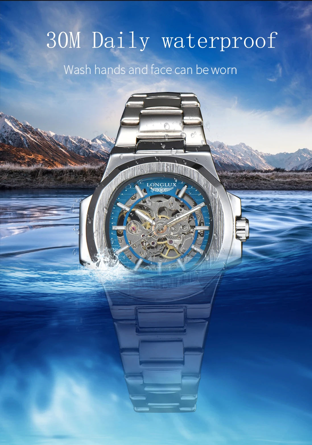 LONGLUX automatic man watch luxury wholesale mechanical wristwatches stainless steel skeleton waterproof mens watch men gift