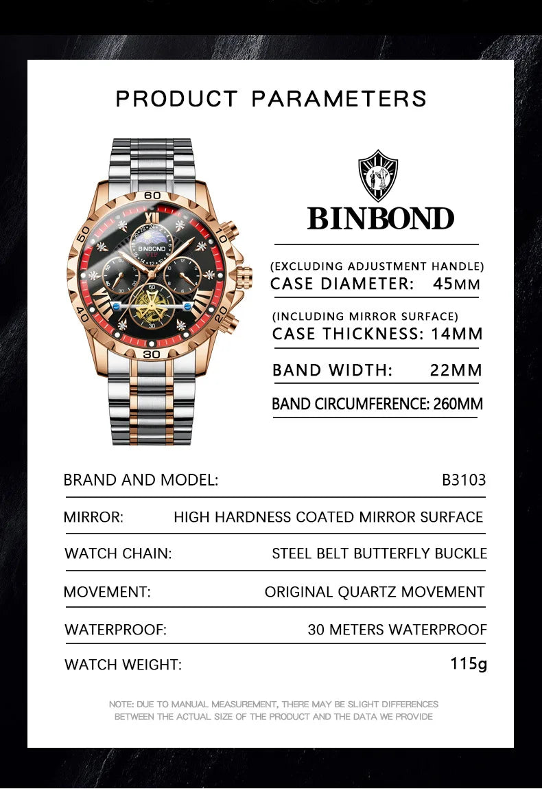 BINBOND Men's Watches Young Fashion Original Quartz Watch for Man Waterproof Luminous Flywheel Chronograph Moon Phase Casual