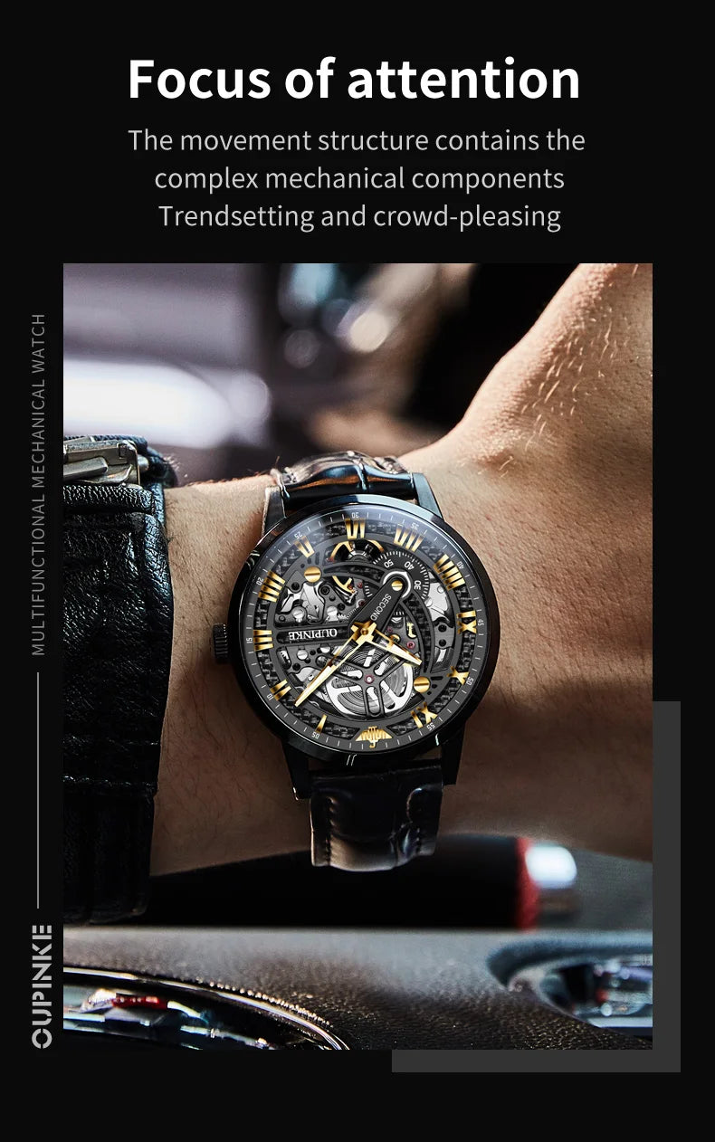 OUPINKE 3173 Luxury Gold Mechanical Watch For Men Hollow Top Brand Original Automatic Wristwatch 50M Waterproof Luminous Watches