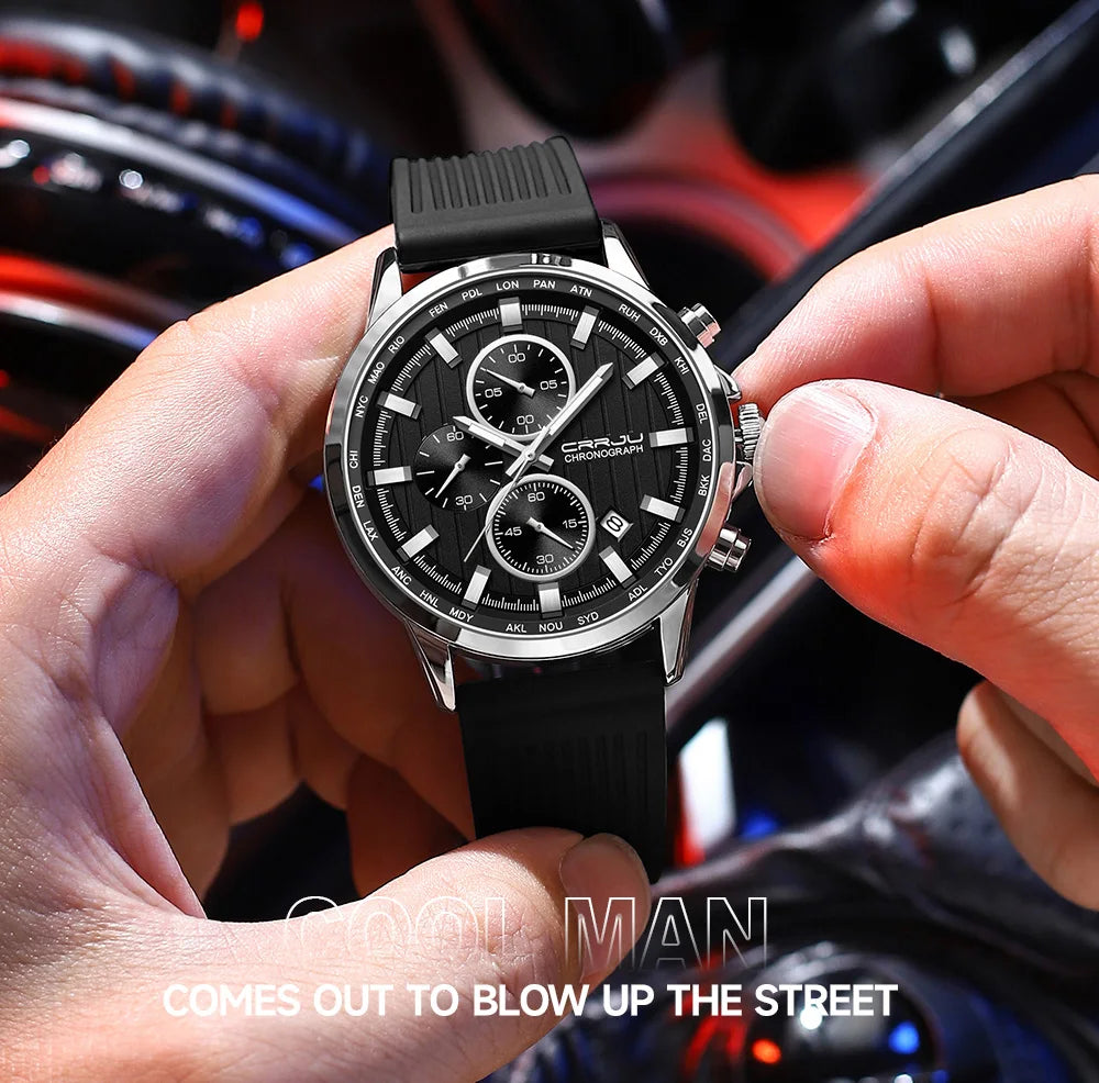 CRRJU Men Watch Silicone Strap Top Brand Luxury Sports Quartz Waterproof Luminous Auto Date Wristwatch Relogio Masculino