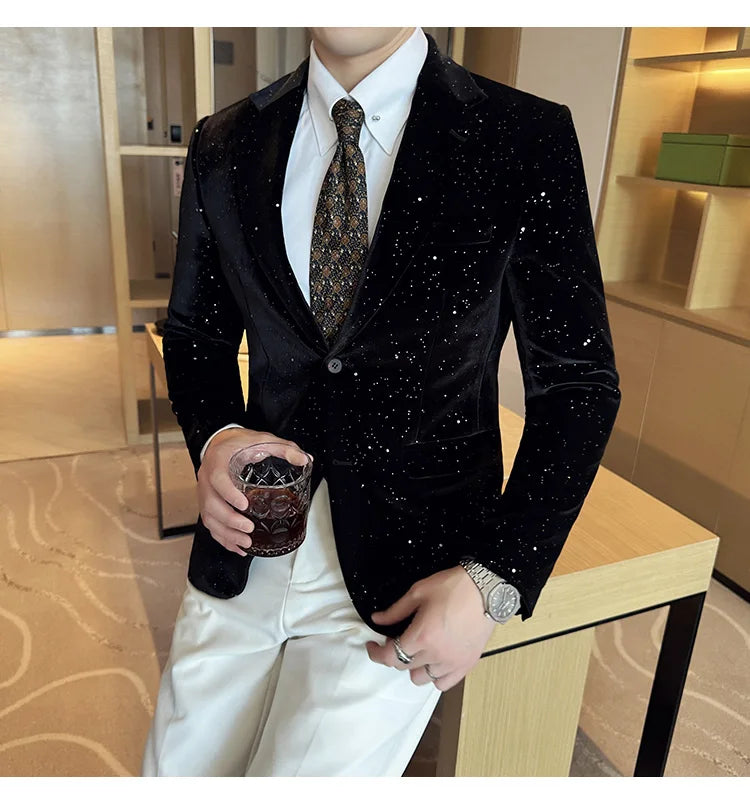 2024 Autumn New Velvet Jacket Men's Blazer Business Fashion Hot Stamping Printed Suit Jacket High-quality Luxury Dress Suit