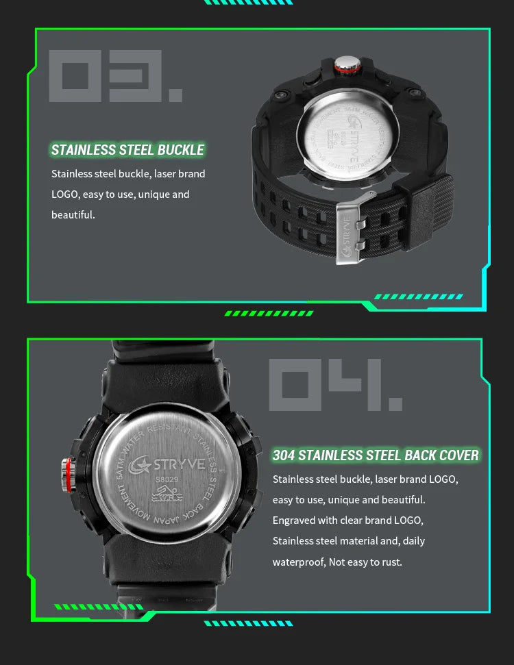STRYVE Electronic Fashion Men's Sport Watches Shock Resistant 50M Waterproof Wristwatch LED Alarm Stopwatch Clock Men 8029