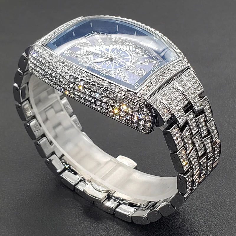 Classic 55mm Black Dial Wristwatch Men Famous Brand Diamond Silver Quartz Watch Original Ice Out Shiny Waterproof Clock 2023 New