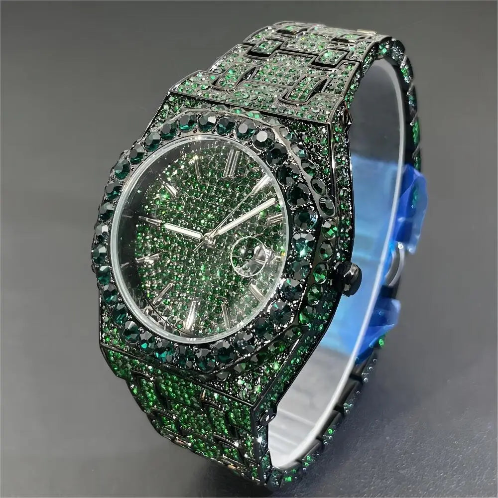 2024 New Hip Hop Mens Quartz Watch Brand MISSFOX Luxury Automatic Date Iced Out Clocks Man Fashion Green Full Diamond Wristwatch