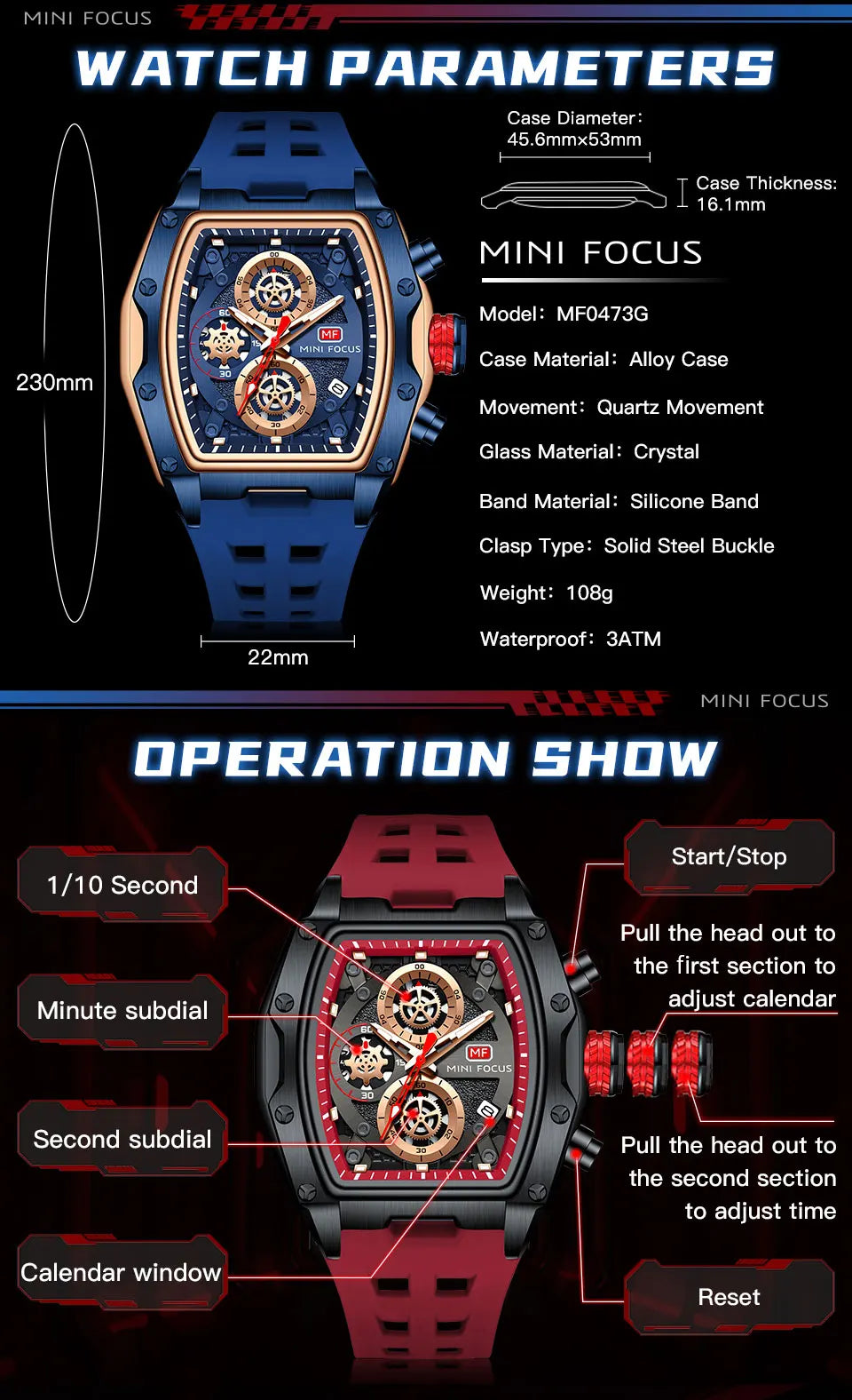 MINI FOCUS Blue Quartz Watch Men Fashion Military Sport Chronograph Wristwatch with Luminous Hands Auto Date Silicone Strap