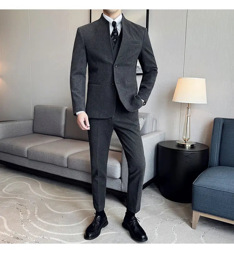 Korean Style Men's Suit Set Slim Fit Business Suit Wool Blazer Three Piece Set Elegant Social Formal Men's Clothing 5XL-M