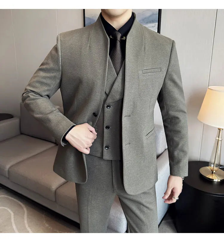 Korean Style Men's Suit Set Slim Fit Business Suit Wool Blazer Three Piece Set Elegant Social Formal Men's Clothing 5XL-M