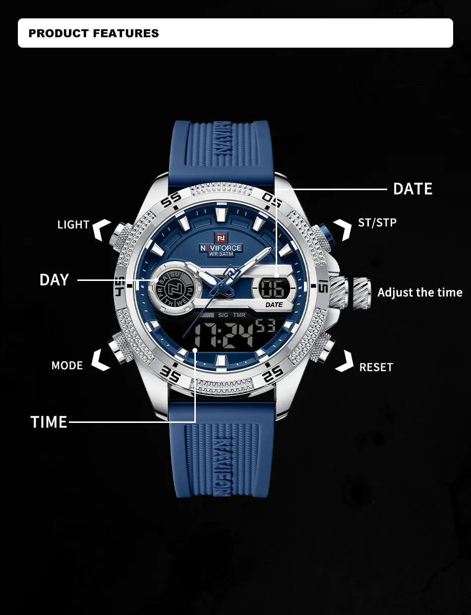 NAVIFORCE Military Sport Watches For Men Fashion Silicone Strap Waterproof Wrist watch Male Dual Display Luminous Alarm Clock