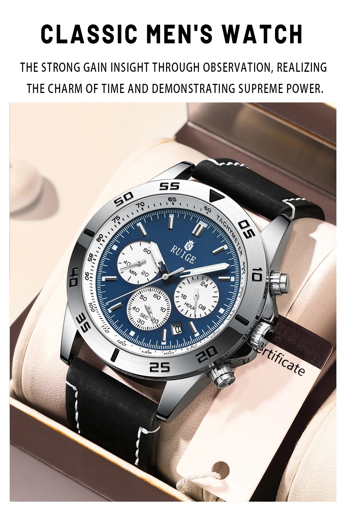 RUIGE Men's Watch Fashionable Men's Multi functional Watch Waterproof Glow Leather Strap Wrist Watch