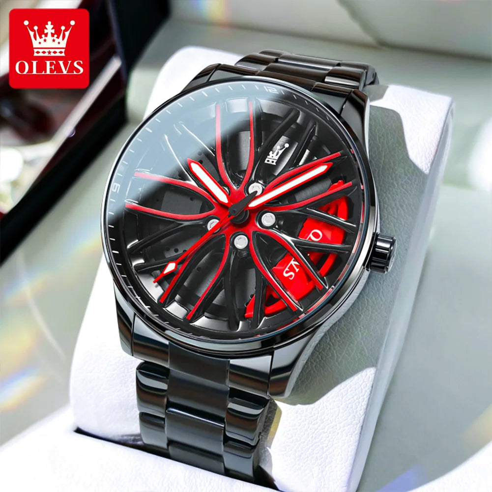 OLEVS Men Quartz Watch Car Wheel Rim Hub Dial Male Wristwatch Cool Man Black Red Waterproof Watches Full Steel Relogio Masculino