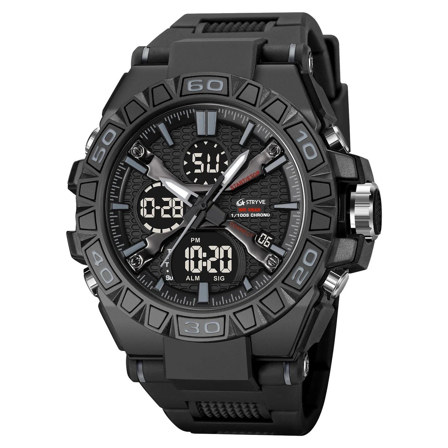 STRYVE Men's Watches 50M Waterproof Clock Alarm Reloj Hombre 8026 Dual Display Wristwatch Quartz Digital Clock Men