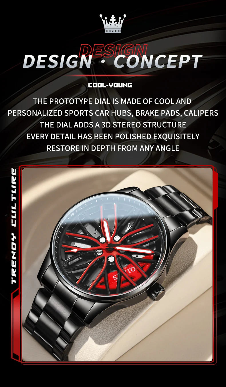 OLEVS Men Quartz Watch Car Wheel Rim Hub Dial Male Wristwatch Cool Man Black Red Waterproof Watches Full Steel Relogio Masculino