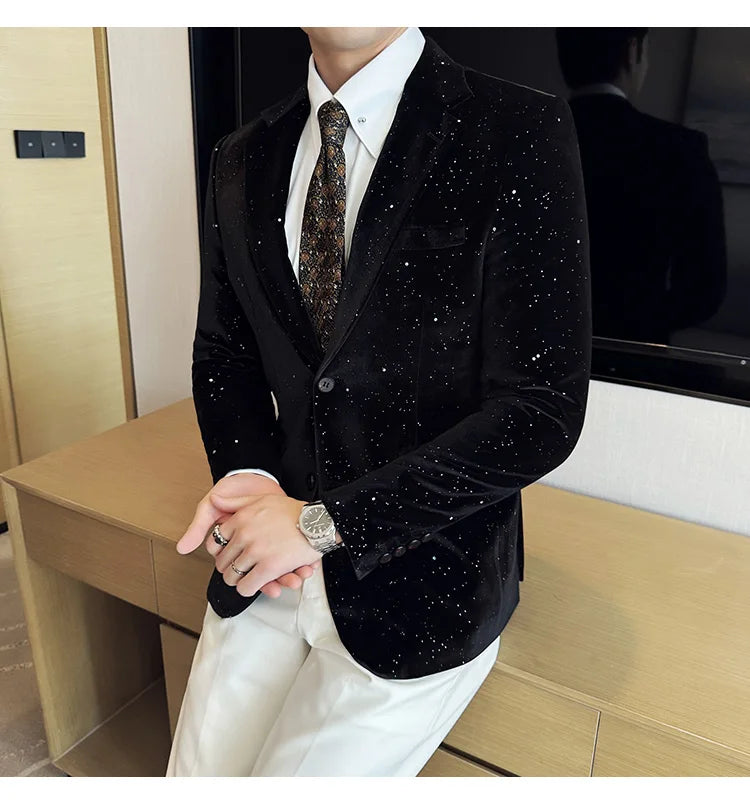 2024 Autumn New Velvet Jacket Men's Blazer Business Fashion Hot Stamping Printed Suit Jacket High-quality Luxury Dress Suit