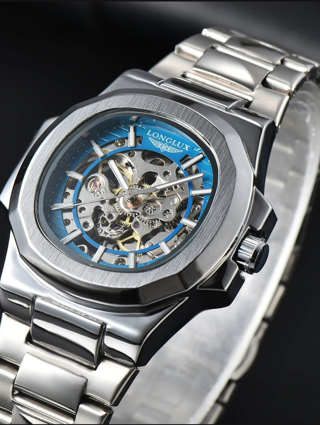 LONGLUX automatic man watch luxury wholesale mechanical wristwatches stainless steel skeleton waterproof mens watch men gift