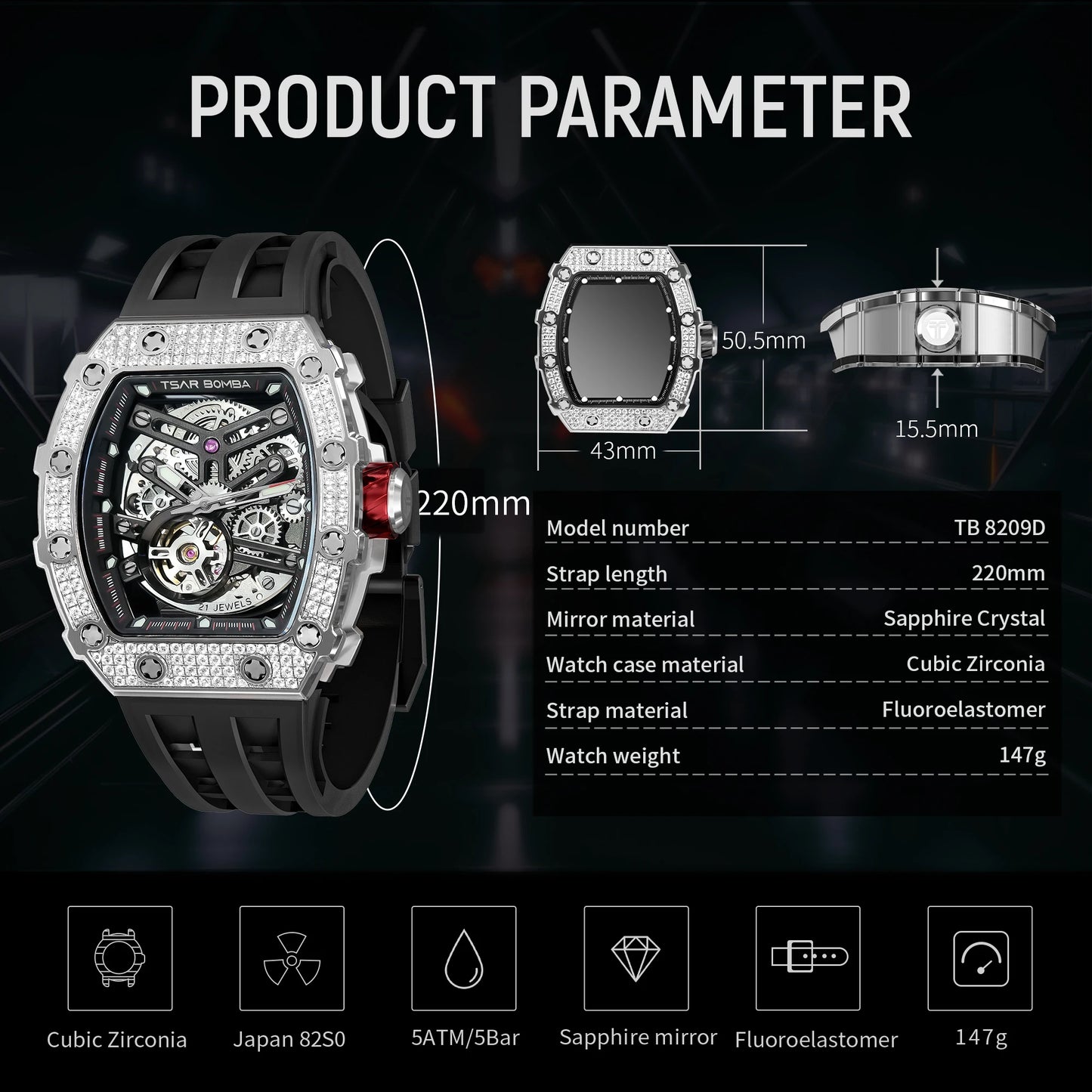 TSAR BOMBA Rose Gold Mens Automatic Watch Mechanical Wristwatch Sapphire Clock Fashion Skeleton Watch New Year Gift for Men