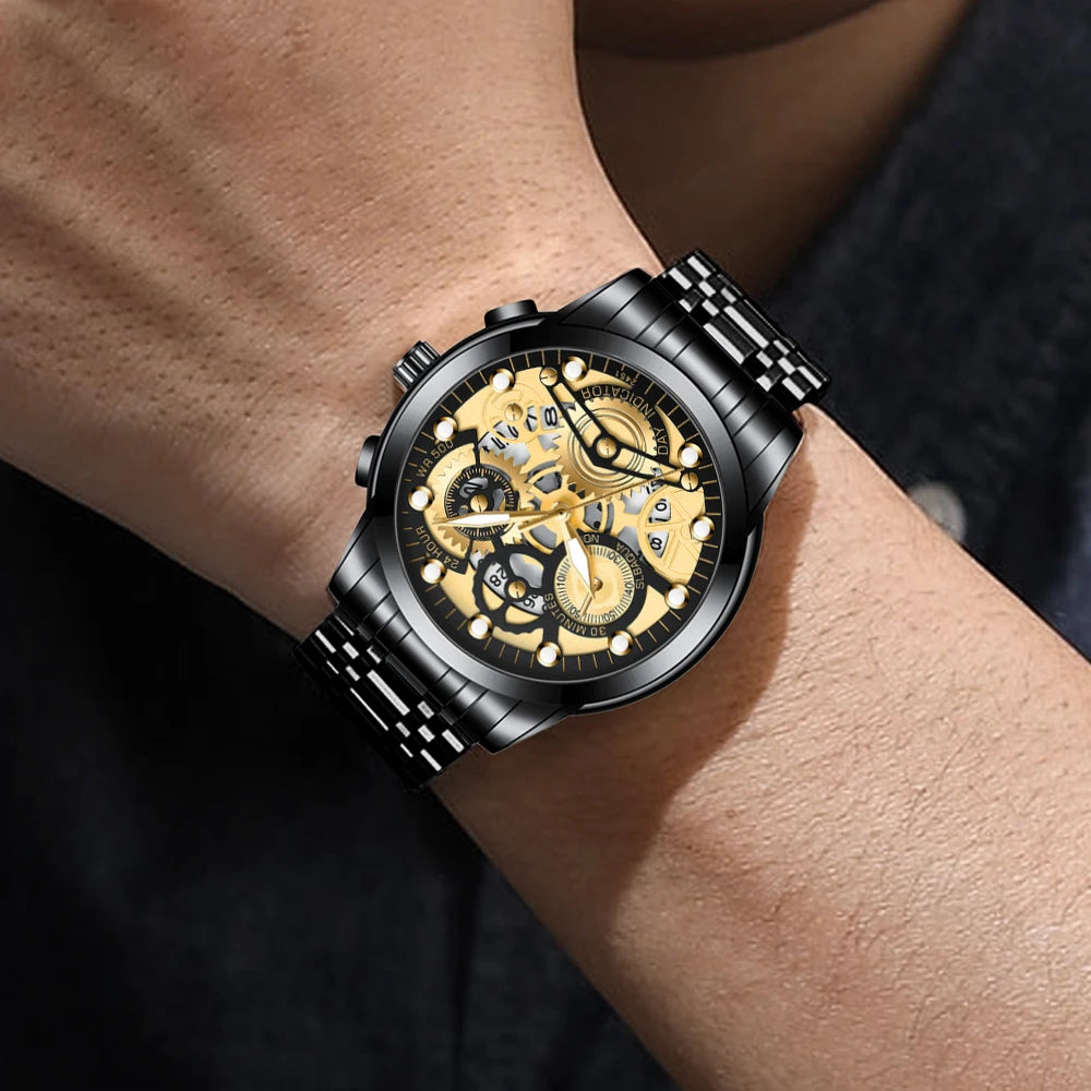Men's Business Watch Skeleton Design Fashion Mechanical Style Stainless Steel Quartz Movement Calendar Waterproof Men WristWatch