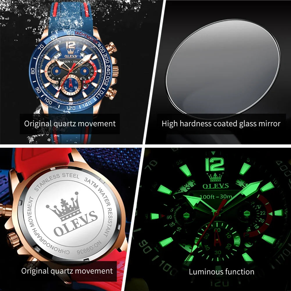 OLEVS 9936 Silicone Strap Multi-function Men Wristwatch, Waterproof Quartz Sport Watch For Men Luminous Chronograph Calendar