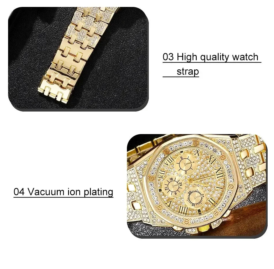 Luxury Men Watch Stainless Stee Band Golden Watches for Men Fashion Hip Hop Watch Diamond Big Dial Business Quartz Wristwatches