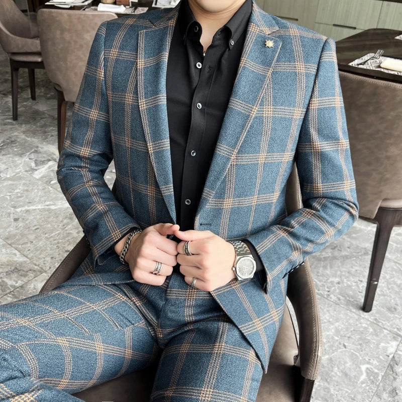 Blazers Pants Set 2 Pieces Set, 2024 Men's Business Casual Men Plaid Suit Jacket and Trousers, Asian Size M-5XL