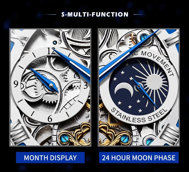 OLEVS Mens Watches Top Brand Luxury Moon Phase Tourbillon Mechanical Watch for Men Automatic Skeleton Watch Relogio Masculino