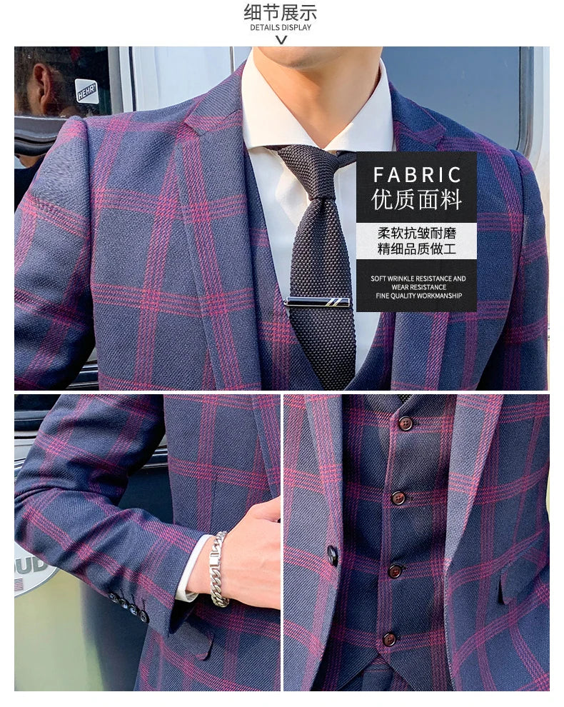 Blazers Pants Set 2 Pieces Set, 2024 Men's Business Casual Men Plaid Suit Jacket and Trousers, Asian Size M-5XL