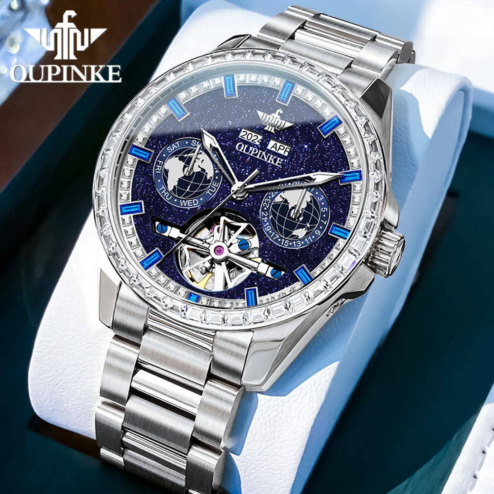 OUPINKE 3280 Mechanical Watch for Men Luxury Full Diamond Flywheel Skeleton Gold Stainless steel Date Automatic Men's Watch