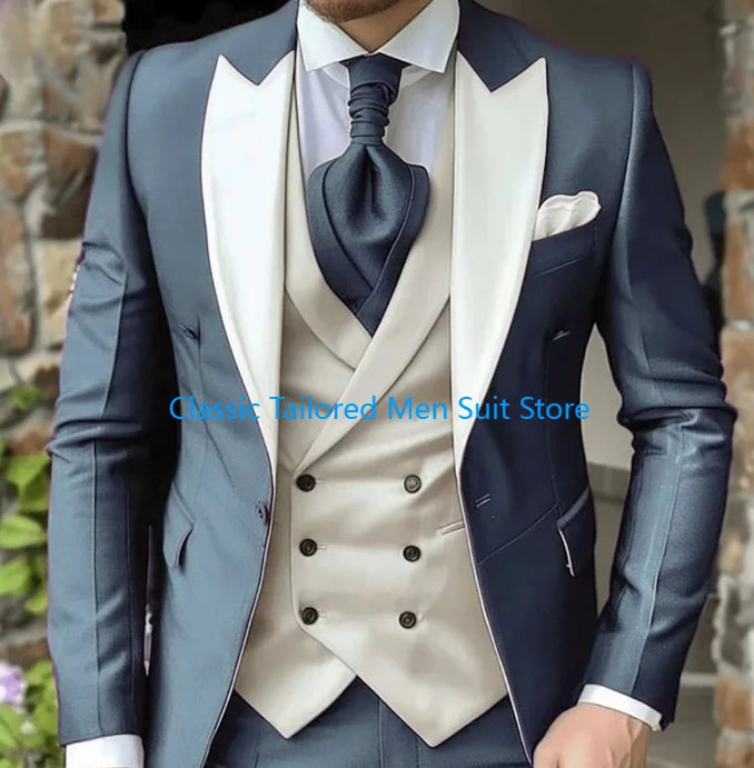 Elegant Wedding 3 Piece Jacket Pants Vest Full Set Luxury Single Breasted Peak Lapel Purple Male Clothing Men's Suits Blazer