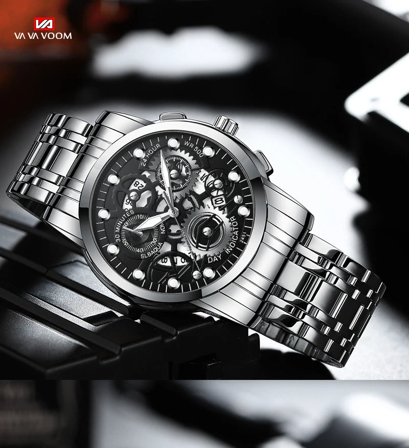 Men's Business Watch Skeleton Design Fashion Mechanical Style Stainless Steel Quartz Movement Calendar Waterproof Men WristWatch