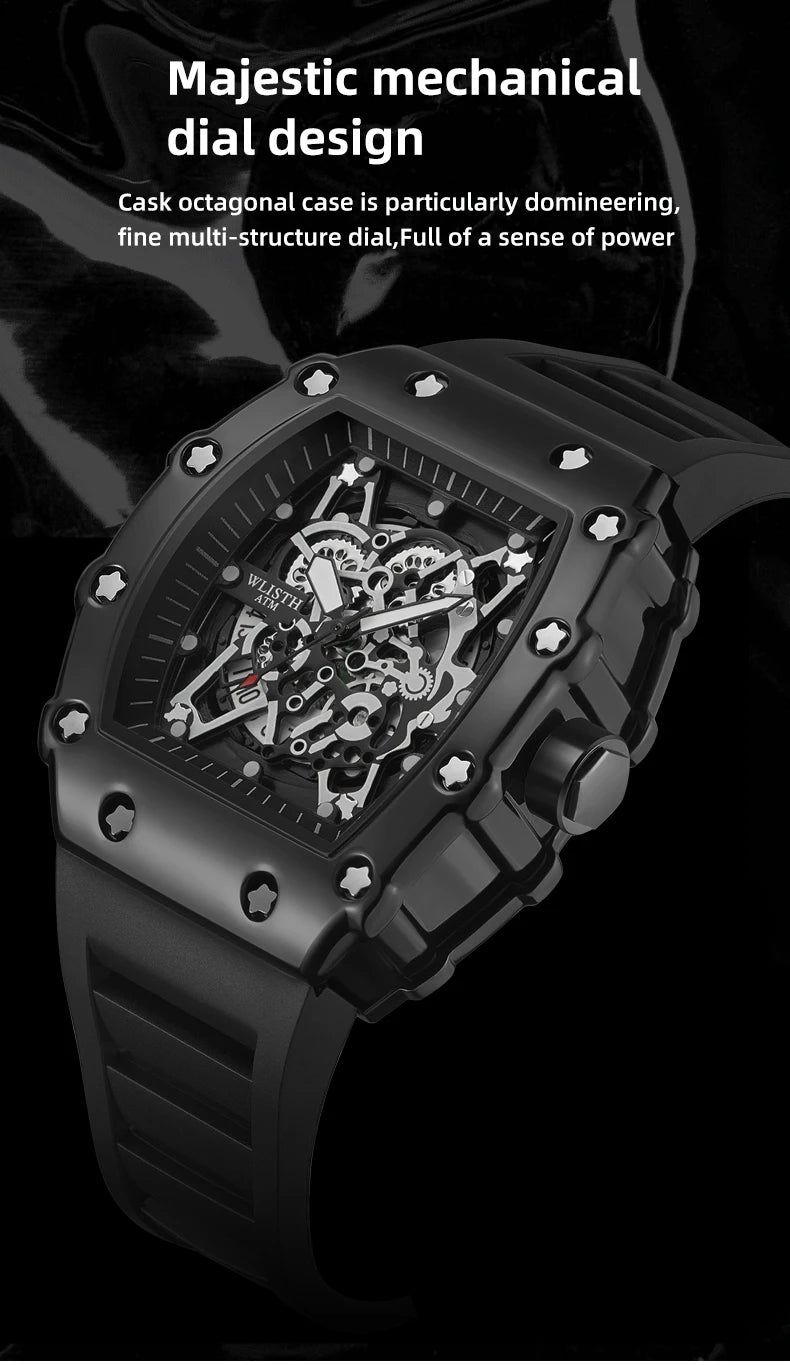 Brand Men's Watch Fashion Automatic Movement Barrel Luminous Waterproof Clock Sports Male's Silicone Strap Quartz Wristwatch New