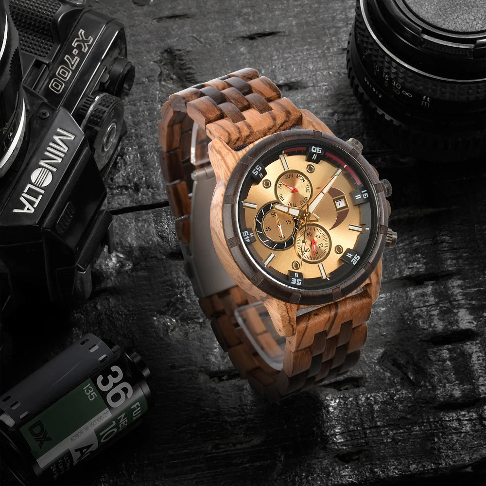Men's Wooden Wrist Watches for Men Chronograph Fashion Wristwatches Business Blue Wood Mens Watches Clock reloj madera hombre