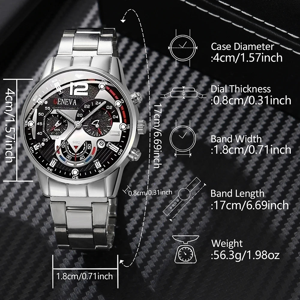 3PCS/SET Men's Calendar Quartz Watch Business Fashion Alloy Watch Set Necklace and Bracelet Set Ideal Choice for Gifts