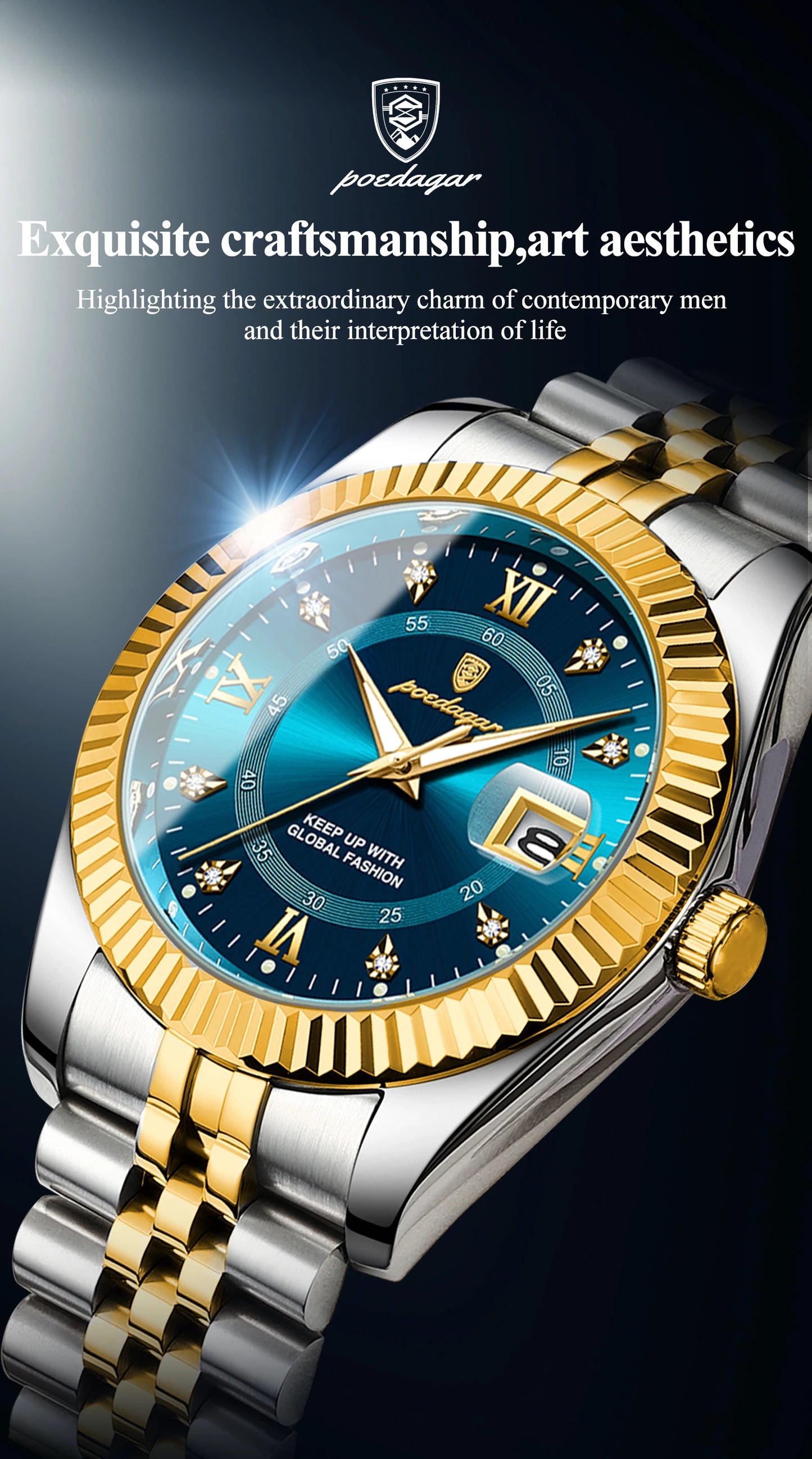 POEDAGAR Classic Men's Watches Luxury Fashion Threaded Bezel Watch for Man Luminous Date Waterproof Original Quartz Wristwatch