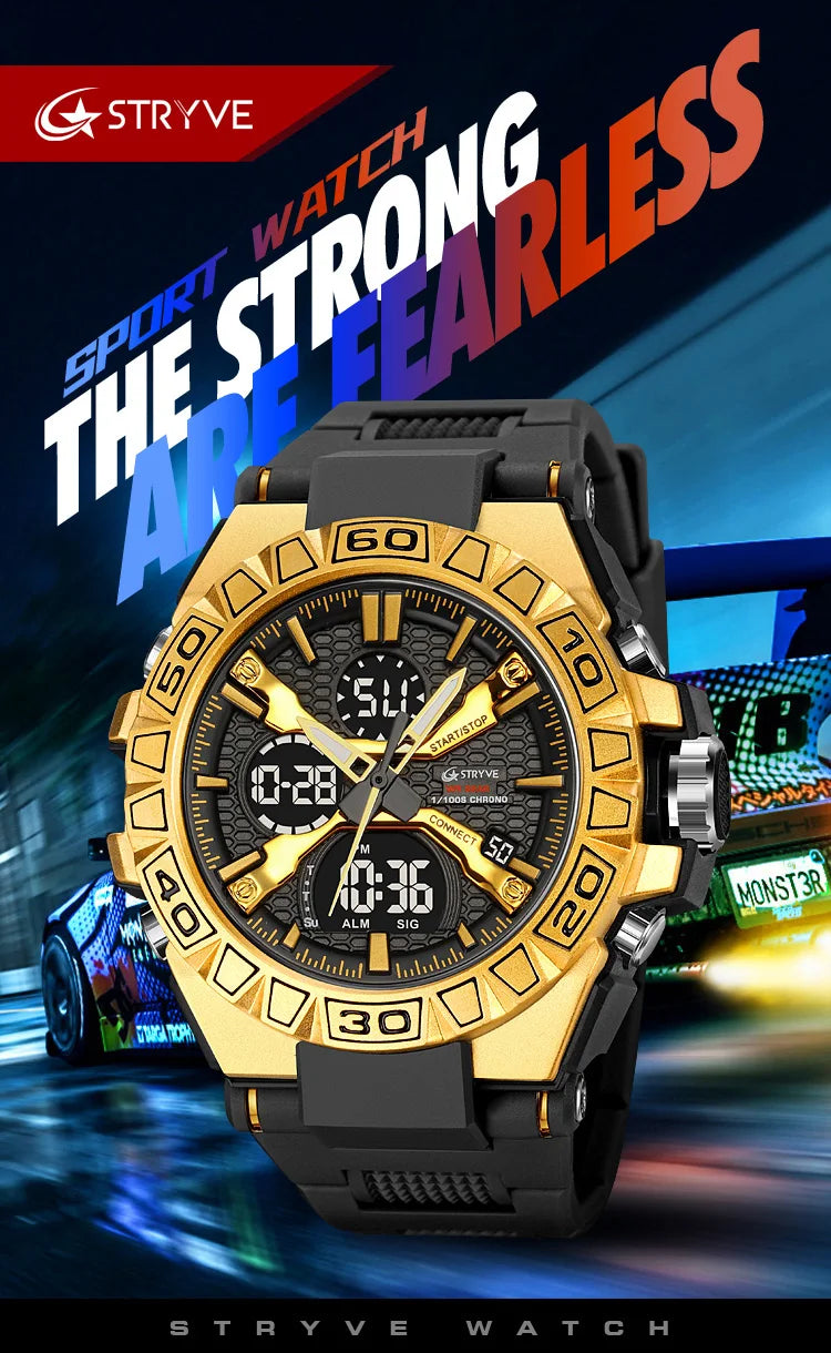 STRYVE Men's Watches 50M Waterproof Clock Alarm Reloj Hombre 8026 Dual Display Wristwatch Quartz Digital Clock Men