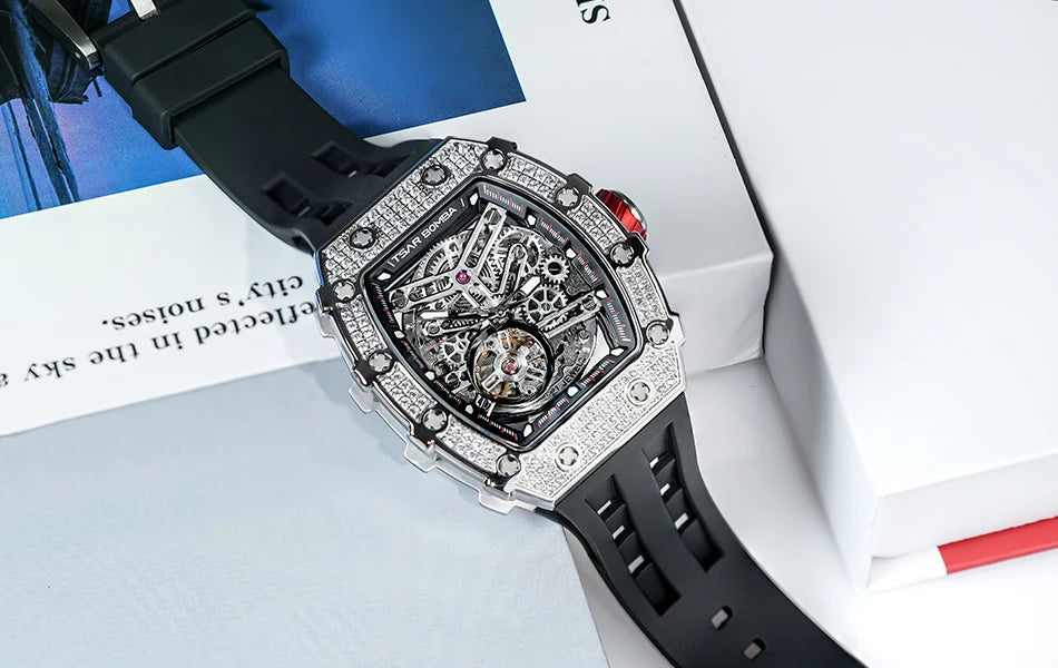 TSAR BOMBA Rose Gold Mens Automatic Watch Mechanical Wristwatch Sapphire Clock Fashion Skeleton Watch New Year Gift for Men