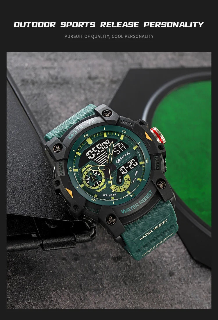 STRYVE Electronic Fashion Men's Sport Watches Shock Resistant 50M Waterproof Wristwatch LED Alarm Stopwatch Clock Men 8029