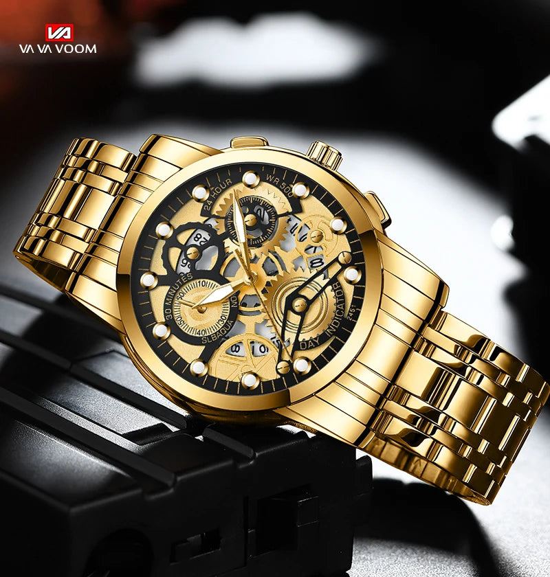 Men's Business Watch Skeleton Design Fashion Mechanical Style Stainless Steel Quartz Movement Calendar Waterproof Men WristWatch