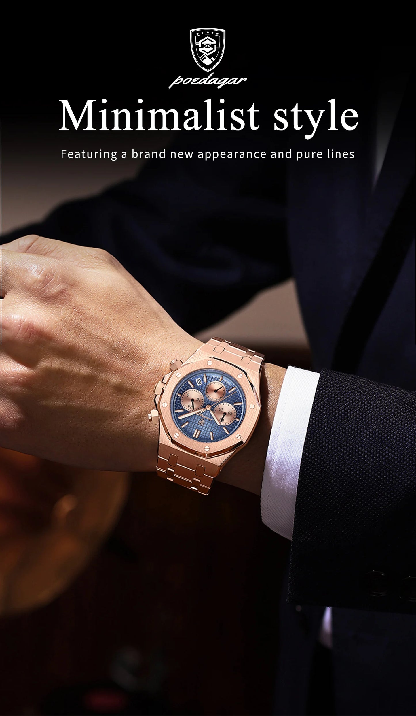 POEDAGAR Classic Men's Watches Trend Fashion Original Quartz Watch for Man Waterproof Fine Steel Chronograph Wristwatch Date