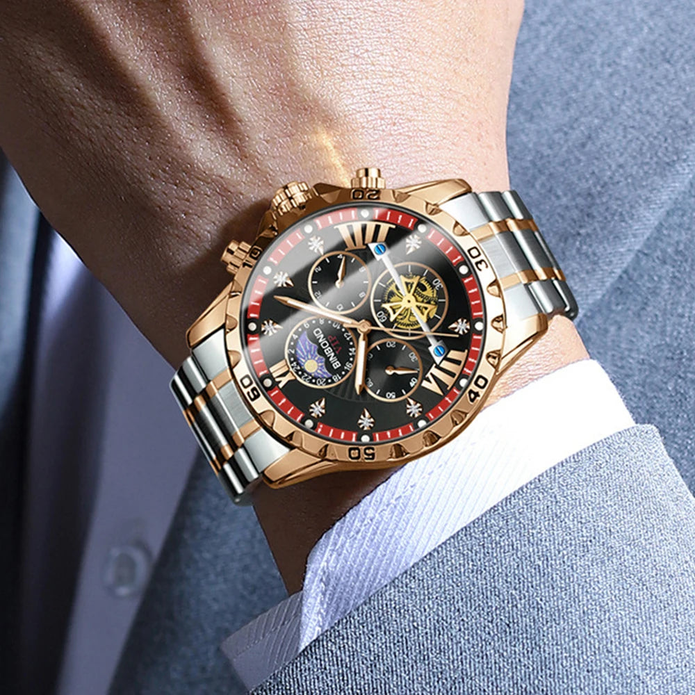 BINBOND Men's Watches Young Fashion Original Quartz Watch for Man Waterproof Luminous Flywheel Chronograph Moon Phase Casual