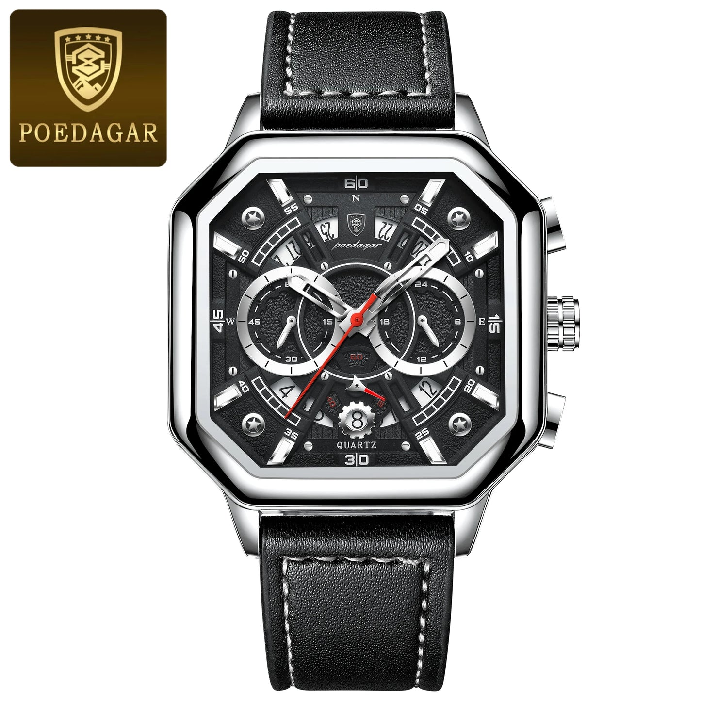 POEDAGAR Luxury Chronograph Square Man Watch Waterproof Luminous Date Men Watch Sports Leather Men's Watches Quartz Reloj Hombre