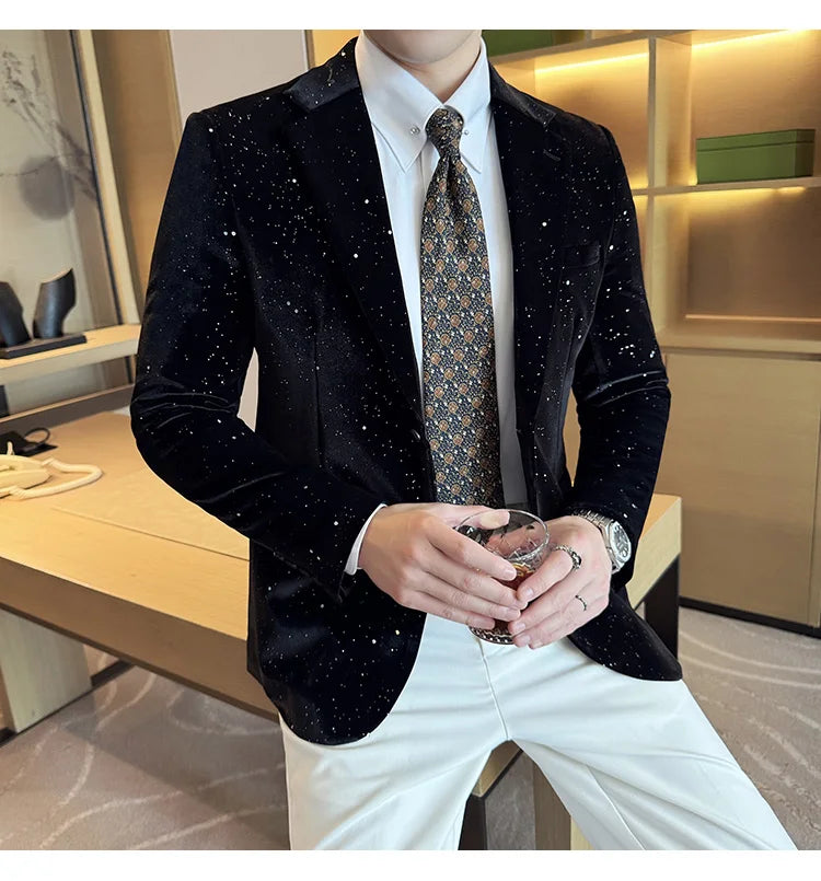 2024 Autumn New Velvet Jacket Men's Blazer Business Fashion Hot Stamping Printed Suit Jacket High-quality Luxury Dress Suit